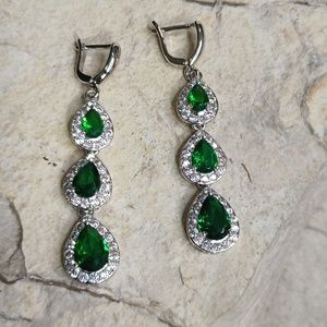 925 Chandelier Earrings Emerald Green Crystal and CZ